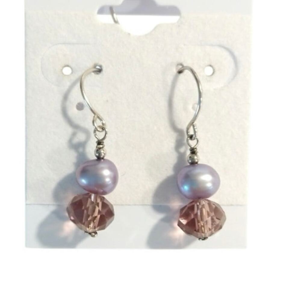 IPS 925 Sterling Silver Dangle Drop Earrings Purple Pearl Crystal Beads Signed
